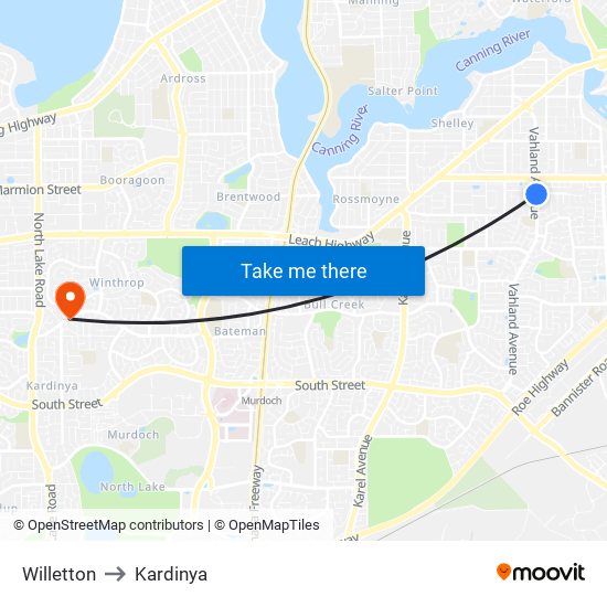 Willetton to Kardinya map