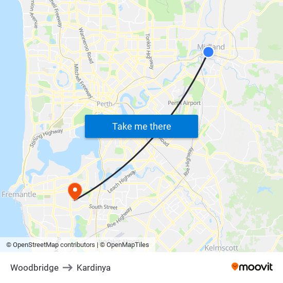 Woodbridge to Kardinya map