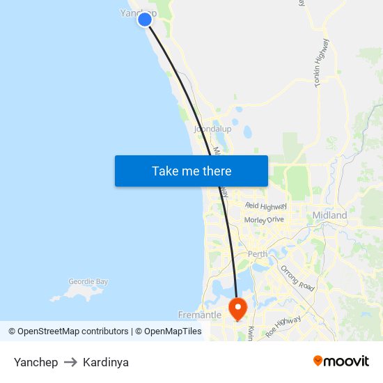 Yanchep to Kardinya map