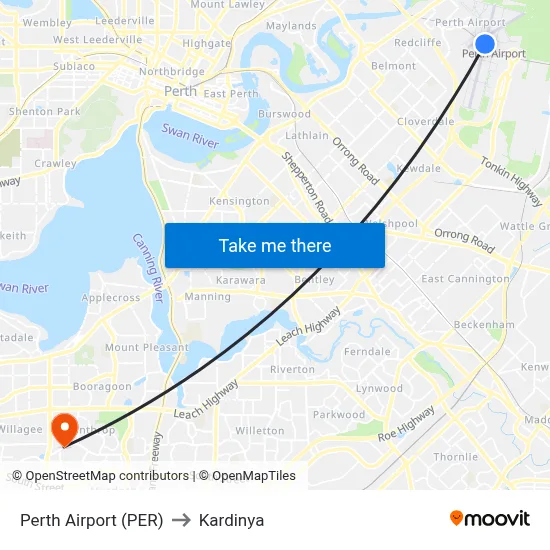 Perth Airport (PER) to Kardinya map