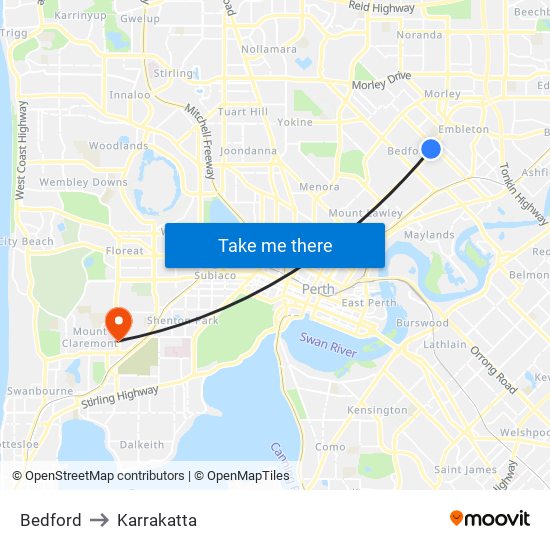 Bedford to Karrakatta map