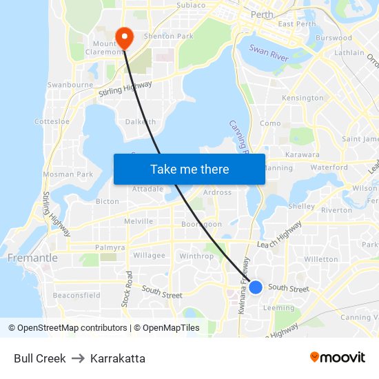 Bull Creek to Karrakatta map