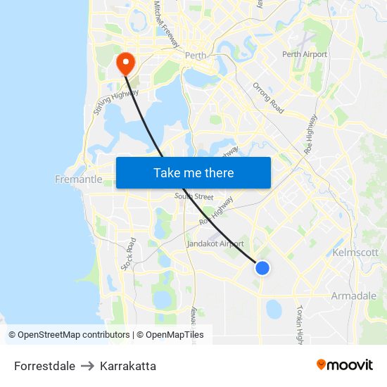 Forrestdale to Karrakatta map