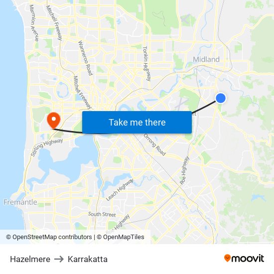 Hazelmere to Karrakatta map