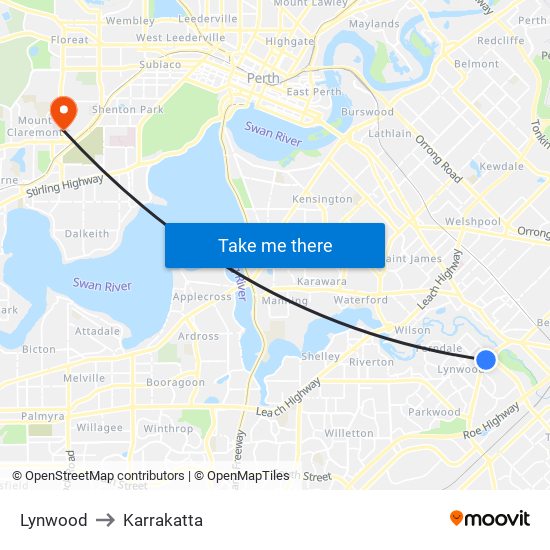 Lynwood to Karrakatta map