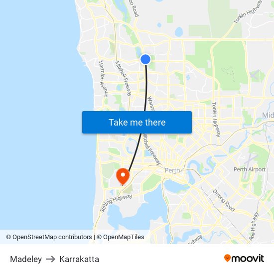 Madeley to Karrakatta map