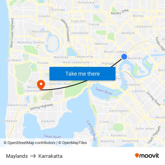 Maylands to Karrakatta map