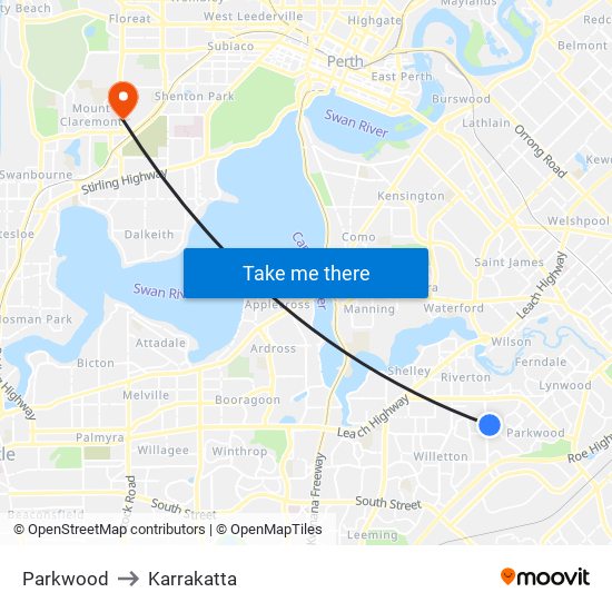 Parkwood to Karrakatta map