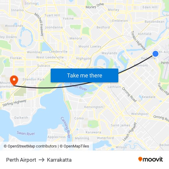 Perth Airport to Karrakatta map