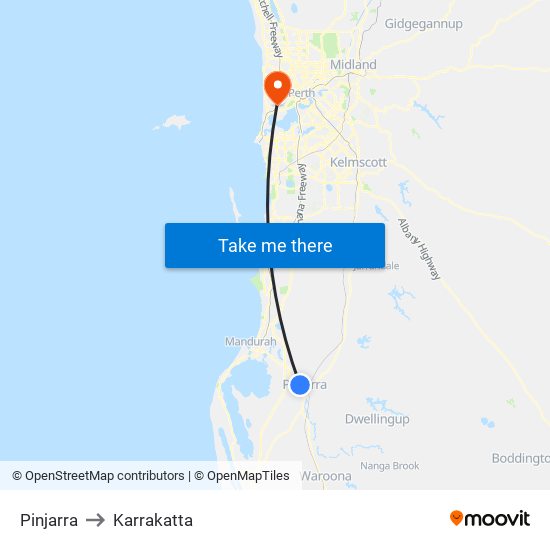 Pinjarra to Karrakatta map