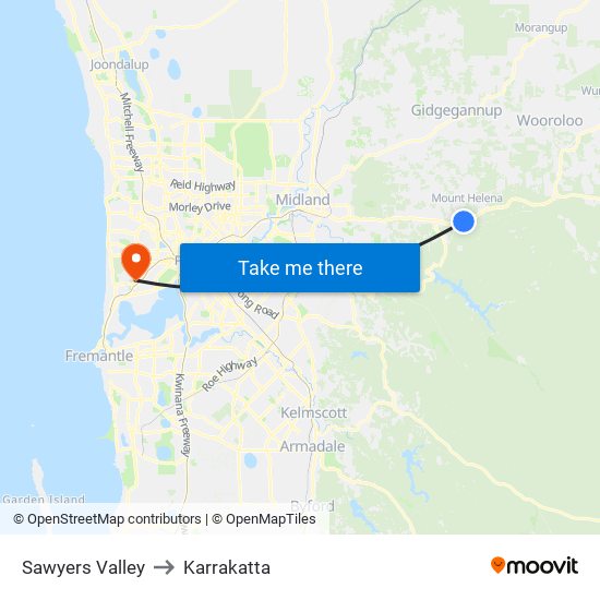 Sawyers Valley to Karrakatta map