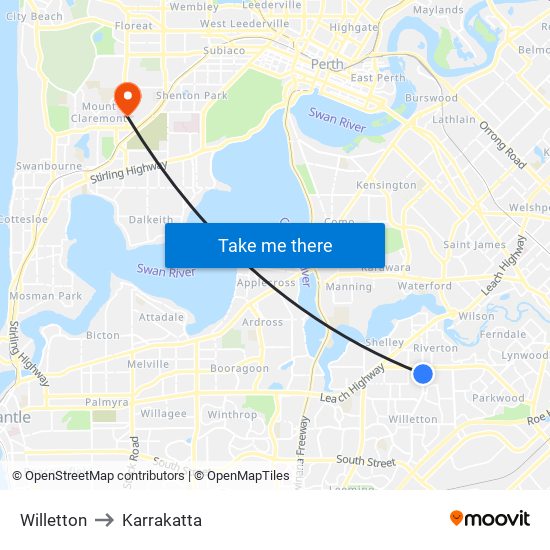 Willetton to Karrakatta map