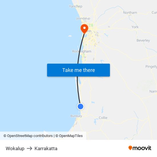 Wokalup to Karrakatta map