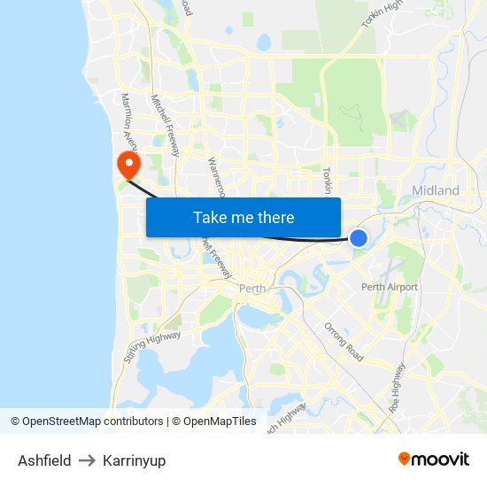 Ashfield to Karrinyup map