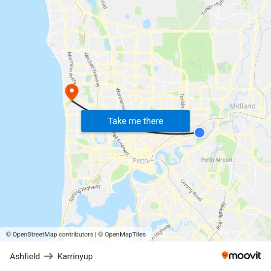 Ashfield to Karrinyup map