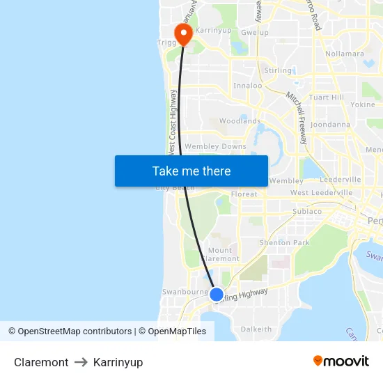 Claremont to Karrinyup map