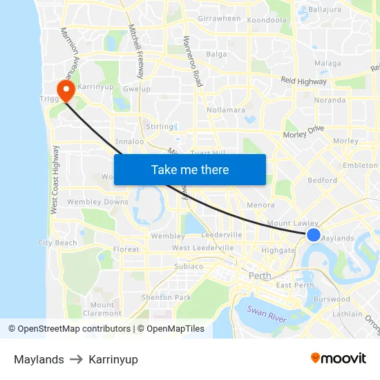 Maylands to Karrinyup map
