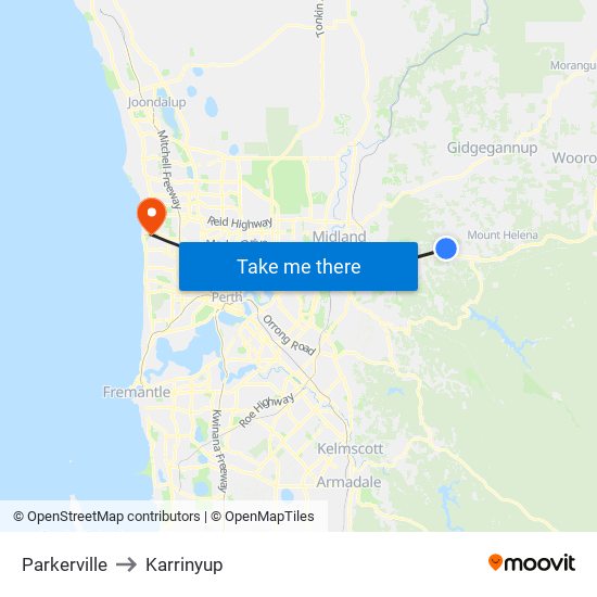Parkerville to Karrinyup map