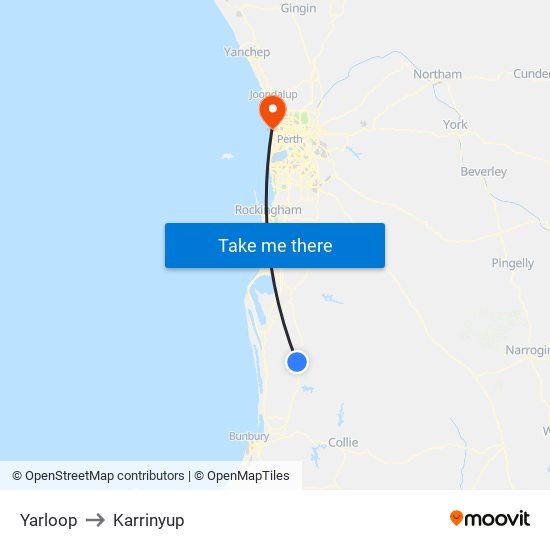 Yarloop to Karrinyup map