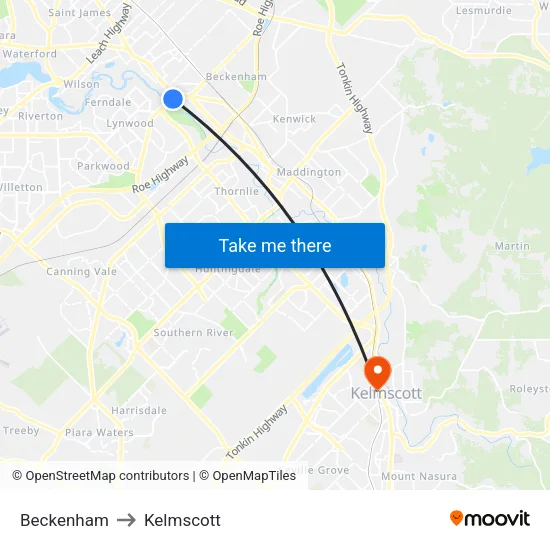 Beckenham to Kelmscott map