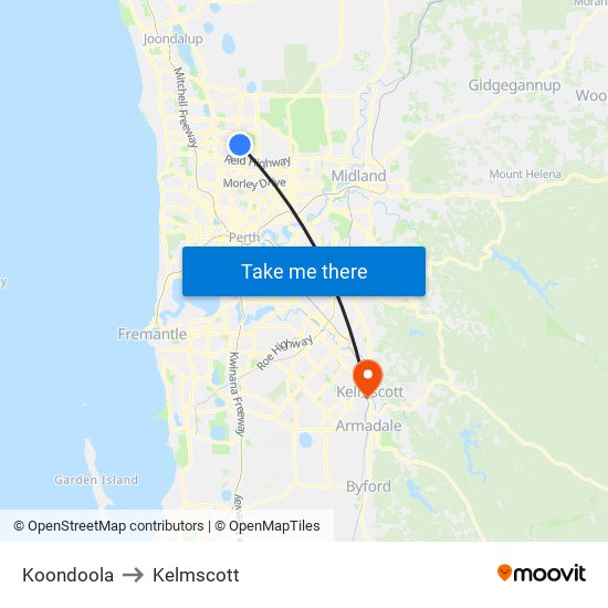 Koondoola to Kelmscott map