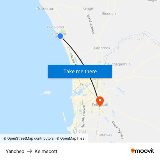 Yanchep to Kelmscott map