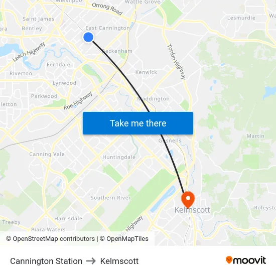 Cannington Station to Kelmscott map