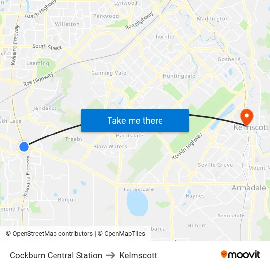 Cockburn Central Station to Kelmscott map