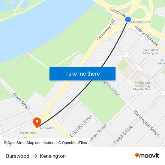 Burswood to Kensington map