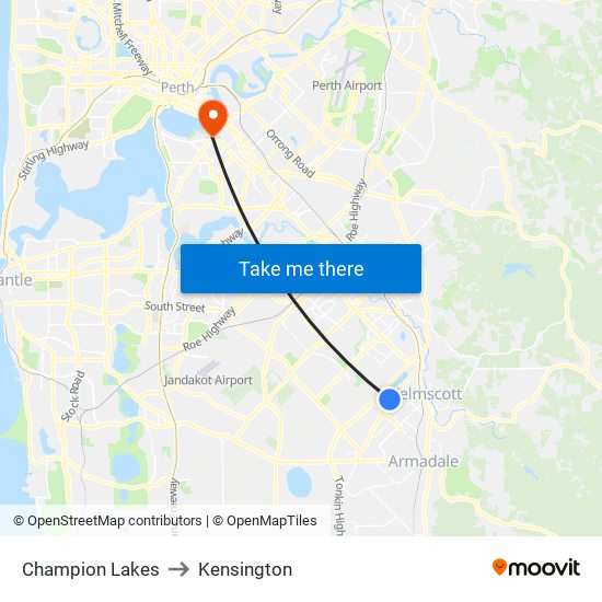 Champion Lakes to Kensington map