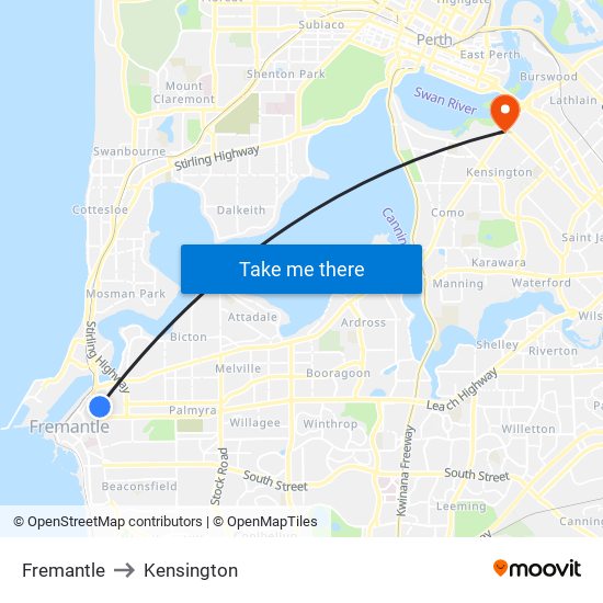 Fremantle to Kensington map