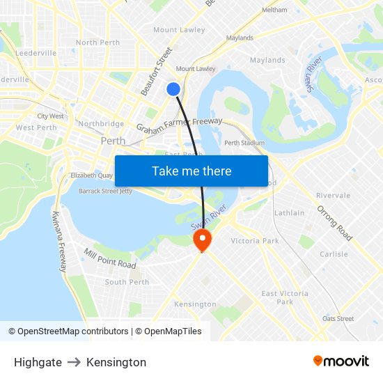 Highgate to Kensington map