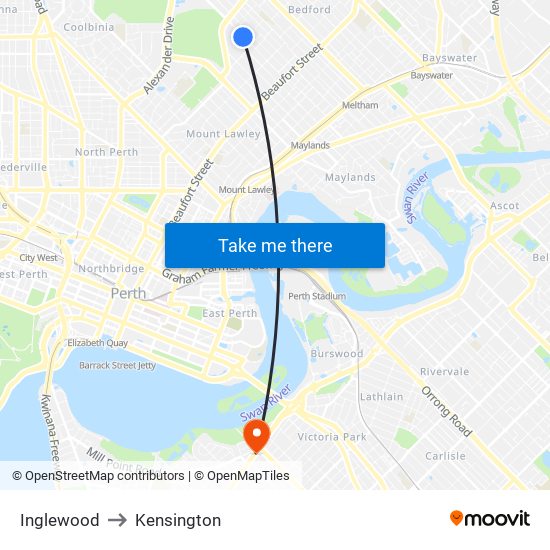 Inglewood to Kensington map