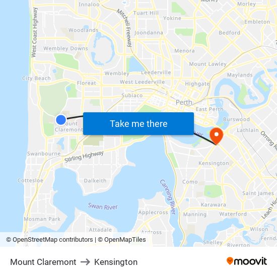 Mount Claremont to Kensington map