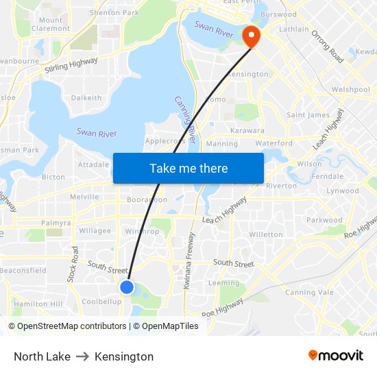 North Lake to Kensington map