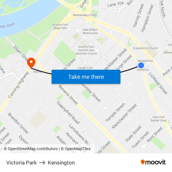 Victoria Park to Kensington map