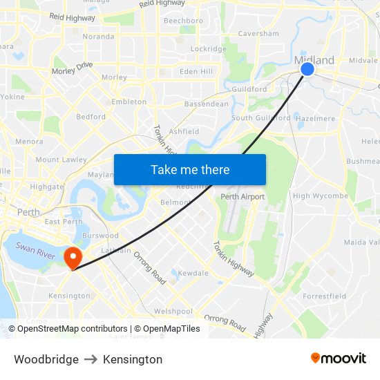 Woodbridge to Kensington map
