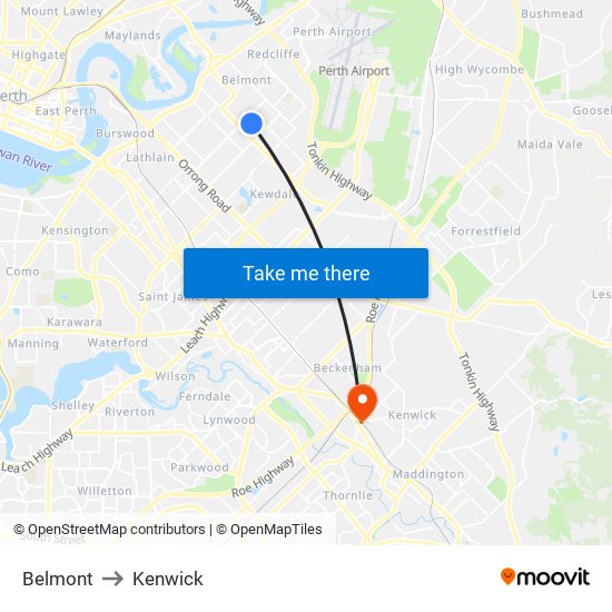 Belmont to Kenwick map