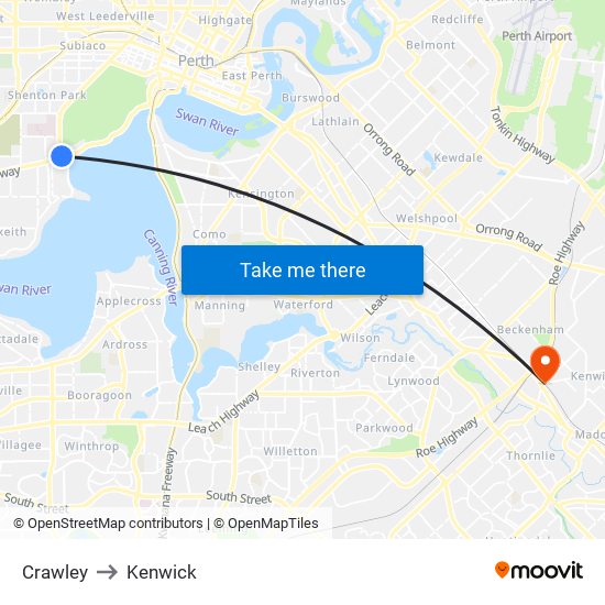 Crawley to Kenwick map