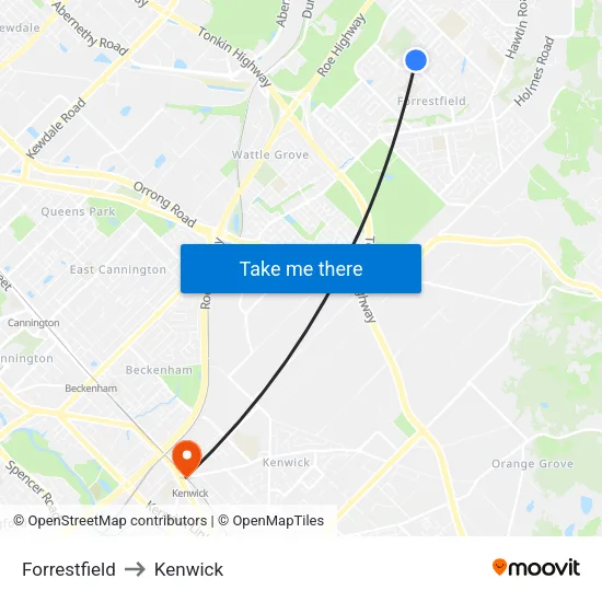 Forrestfield to Kenwick map