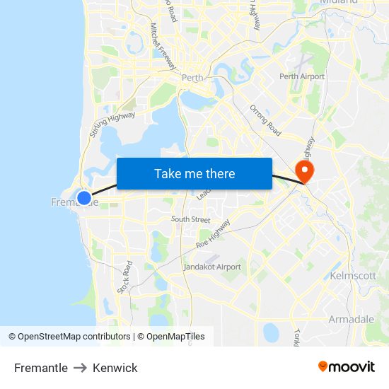 Fremantle to Kenwick map