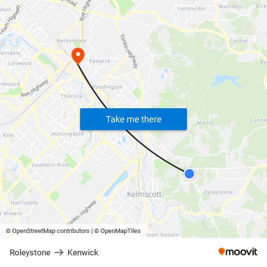 Roleystone to Kenwick map