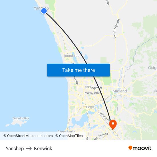 Yanchep to Kenwick map