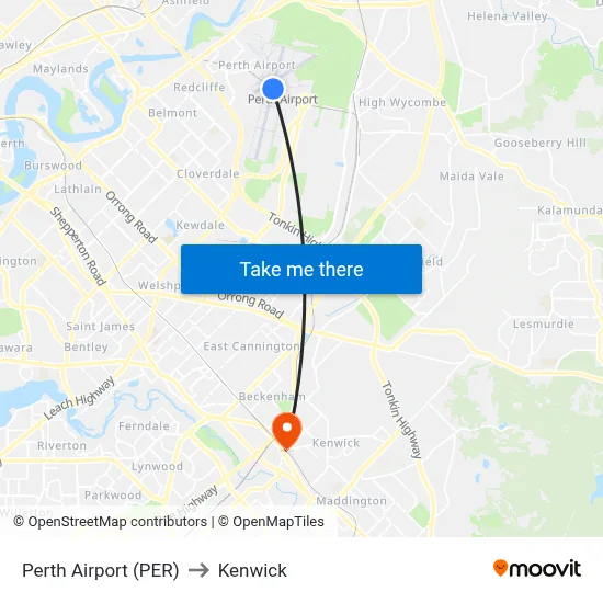 Perth Airport (PER) to Kenwick map