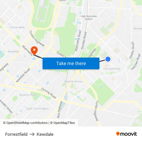 Forrestfield to Kewdale map