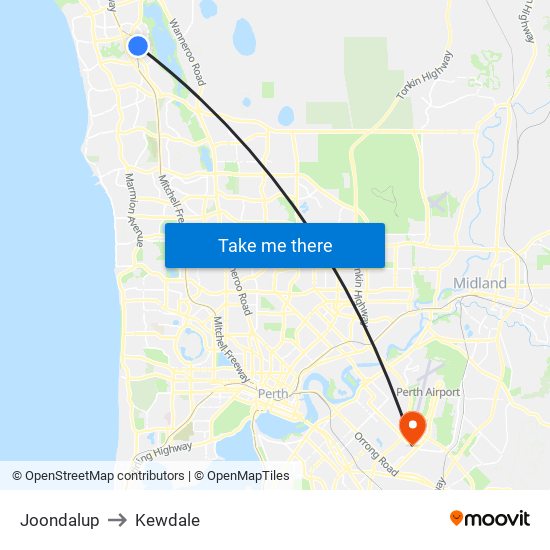 Joondalup to Kewdale map