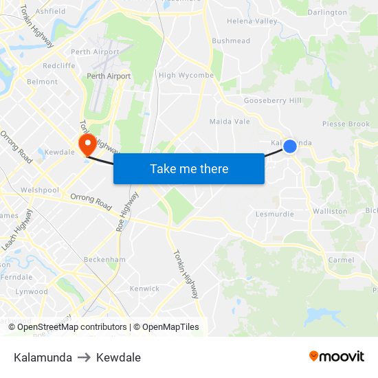 Kalamunda to Kewdale map