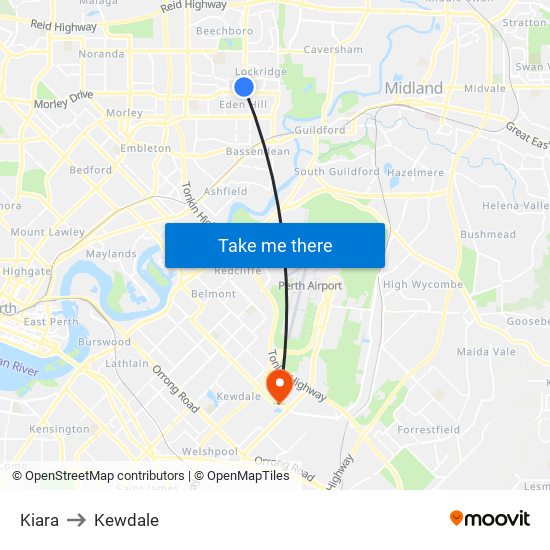 Kiara to Kewdale map