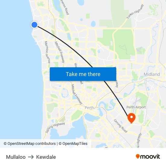Mullaloo to Kewdale map