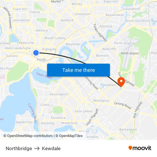 Northbridge to Kewdale map